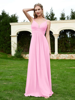 Floor Length V Neck Chiffon Bridesmaid Gown Candy Pink
