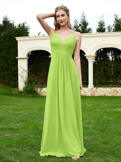 Floor Length V Neck Chiffon Bridesmaid Gown Lime Green