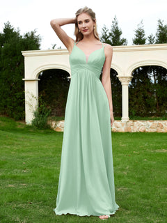 Floor Length V Neck Chiffon Bridesmaid Gown Mint Green
