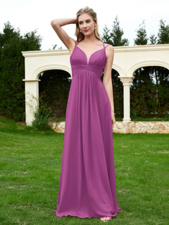 Floor Length V Neck Chiffon Bridesmaid Gown Orchid