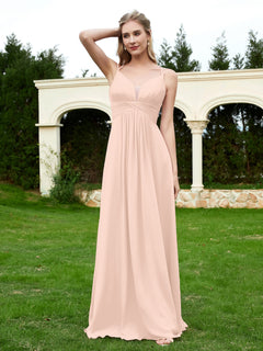 Floor Length V Neck Chiffon Bridesmaid Gown Pearl Pink