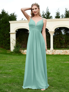Floor Length V Neck Chiffon Bridesmaid Gown Turquoise