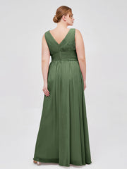 V Neckline Floor Length Chiffon Dresses Olive Green