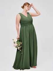 V Neckline Floor Length Chiffon Dresses Olive Green