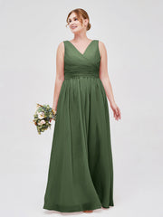 V Neckline Floor Length Chiffon Dresses Olive Green