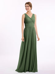 V Neckline Floor Length Chiffon Dresses Olive Green
