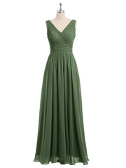 V Neckline Floor Length Chiffon Dresses Olive Green
