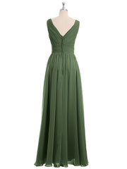 V Neckline Floor Length Chiffon Dresses Olive Green