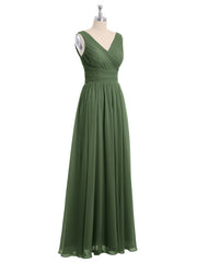 V Neckline Floor Length Chiffon Dresses Olive Green