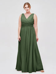 V Neckline Floor Length Chiffon Dresses Olive Green