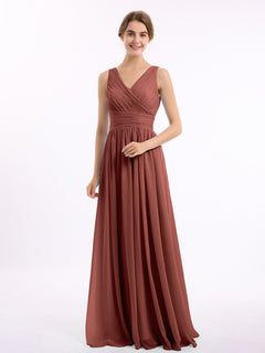 V Neckline Floor Length Chiffon Dresses Terracotta