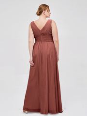 V Neckline Floor Length Chiffon Dresses Terracotta