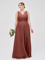 V Neckline Floor Length Chiffon Dresses Terracotta