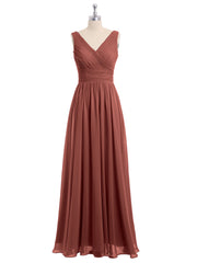 V Neckline Floor Length Chiffon Dresses Terracotta