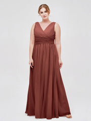 V Neckline Floor Length Chiffon Dresses Terracotta