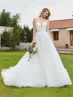 Strapless Plunging V-Neck Lace Bodice Bridal Gown-Ivory