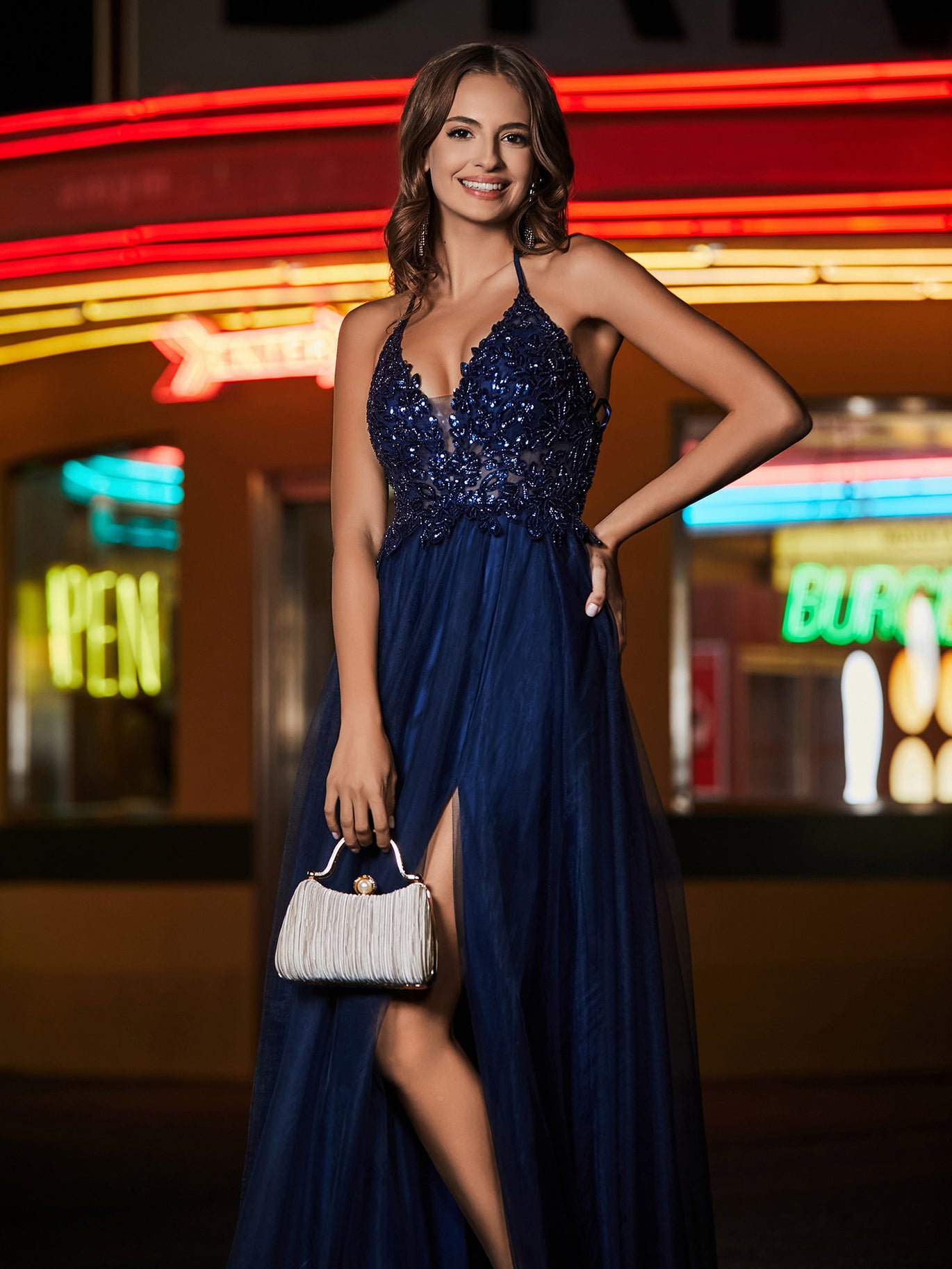 BABARONI BABARONI Tulle Ivory Prom Dresses A-Line Plunging V-Neck with Slit Beaded Ruched Zipper Backless, Ivory / US0