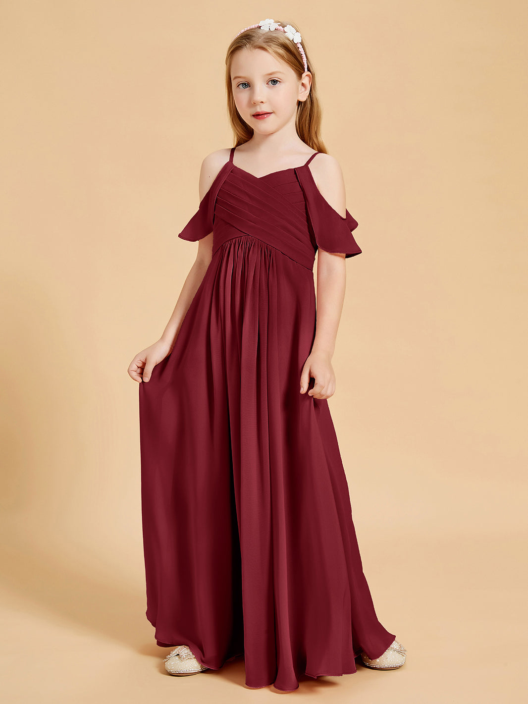 BABARONI Chiffon Burgundy Junior Bridesmaid Dresses A-line Off-the-shoulder Flutter Sleeve Pleated Floor-length, Burgundy / J4