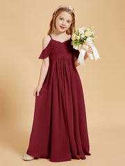 BABARONI Chiffon Burgundy Junior Bridesmaid Dresses A-line Off-the-shoulder Flutter Sleeve Pleated Floor-length, Burgundy / J4
