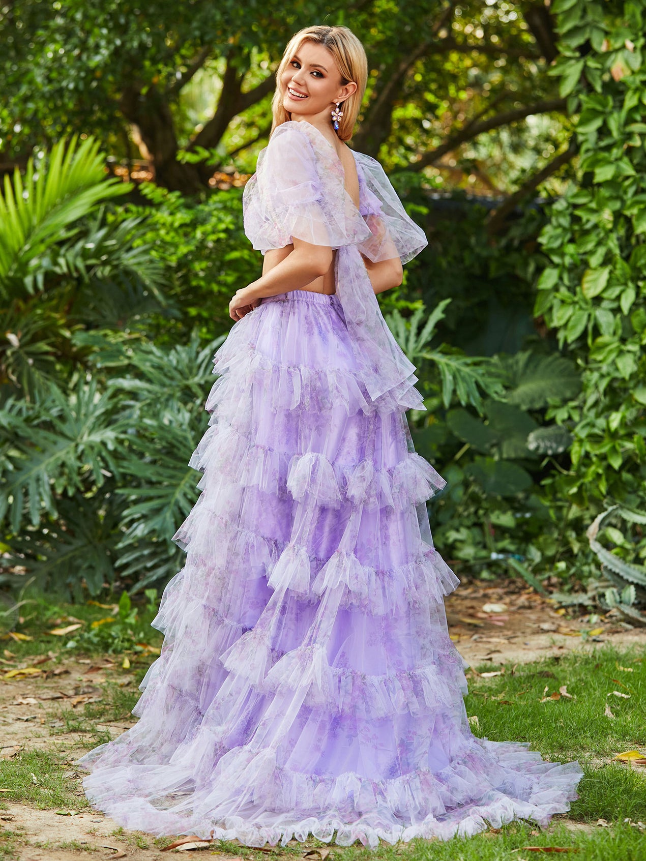 A-line Tiered Bow-Tie Shoulder Dress with Slit Lilac