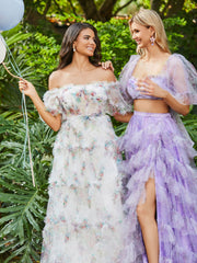 Floral Two Piece Tulle Tiered Dress with Slit Ivory