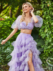 Floral Two Piece Tulle Tiered Dress with Slit Ivory