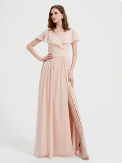 Cap Sleeves Long Chiffon Dresses with Slit-Pearl Pink