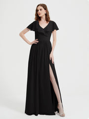 Cap Sleeves Long Chiffon Dresses with Slit-Black