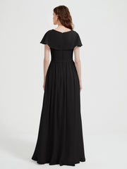 Cap Sleeves Long Chiffon Dresses with Slit-Black
