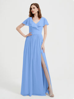 Cap Sleeves Long Chiffon Dresses with Slit-Blue