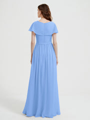 Cap Sleeves Long Chiffon Dresses with Slit-Blue