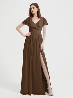 Cap Sleeves Long Chiffon Dresses with Slit-Brown Plus Size