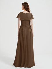 Cap Sleeves Long Chiffon Dresses with Slit-Brown
