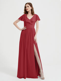 Cap Sleeves Long Chiffon Dresses with Slit-Burgundy Plus Size