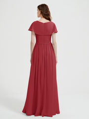 Cap Sleeves Long Chiffon Dresses with Slit-Burgundy