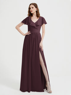 Cap Sleeves Long Chiffon Dresses with Slit-Cabernet