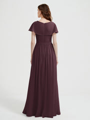 Cap Sleeves Long Chiffon Dresses with Slit-Cabernet
