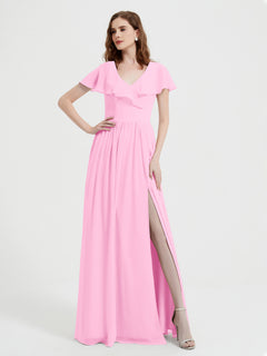 Cap Sleeves Long Chiffon Dresses with Slit-Candy Pink