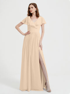 Cap Sleeves Long Chiffon Dresses with Slit-Champagne Plus Size