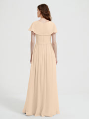 Cap Sleeves Long Chiffon Dresses with Slit-Champagne