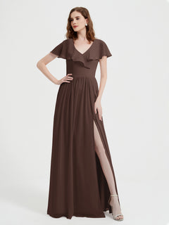 Cap Sleeves Long Chiffon Dresses with Slit-Chocolate