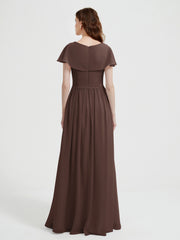 Cap Sleeves Long Chiffon Dresses with Slit-Chocolate