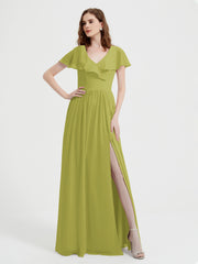 Cap Sleeves Long Chiffon Dresses with Slit-Clover