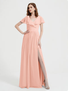 Cap Sleeves Long Chiffon Dresses with Slit-Coral