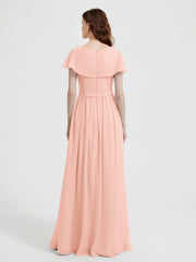 Cap Sleeves Long Chiffon Dresses with Slit-Coral