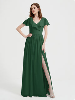 Cap Sleeves Long Chiffon Dresses with Slit-Dark Green