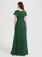 Cap Sleeves Long Chiffon Dresses with Slit-Dark Green