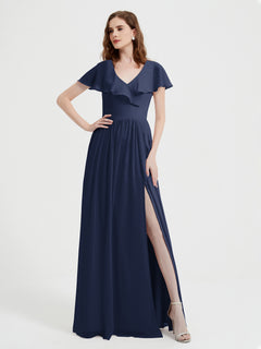 Cap Sleeves Long Chiffon Dresses with Slit-Dark Navy Plus Size