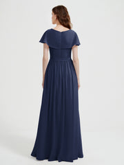 Cap Sleeves Long Chiffon Dresses with Slit-Dark Navy