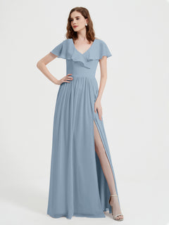 Cap Sleeves Long Chiffon Dresses with Slit-Dusty Blue